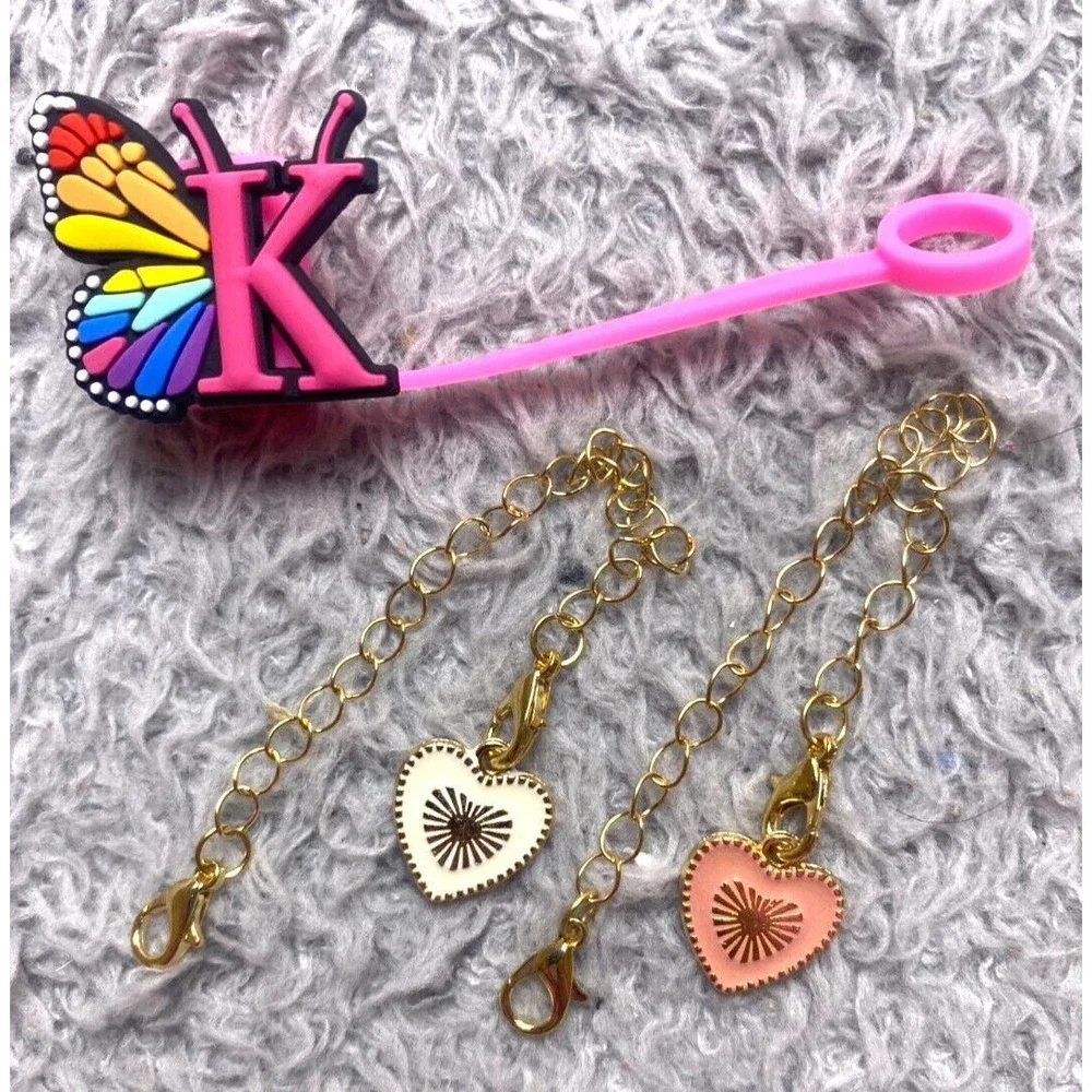 Stanley Straw Topper Initial K Charms Butterfly Cover‎ Silicone Pink NEW